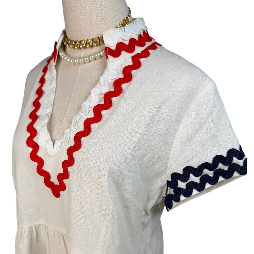 Sail to Sable White Linen Ric Rac Trim Nautical Tiered Midi Dress L NWT - Picture 3 of 9